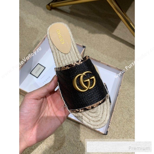 Gucci Chevron Raffia Flat Espadrille Slide Sandals with Double G 578554 Black 2019 (HANB-9060105)