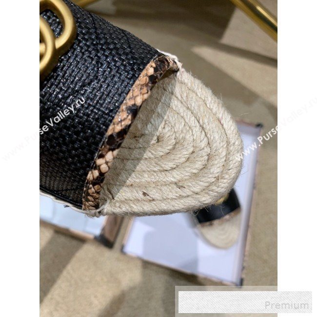 Gucci Chevron Raffia Flat Espadrille Slide Sandals with Double G 578554 Black 2019 (HANB-9060105)