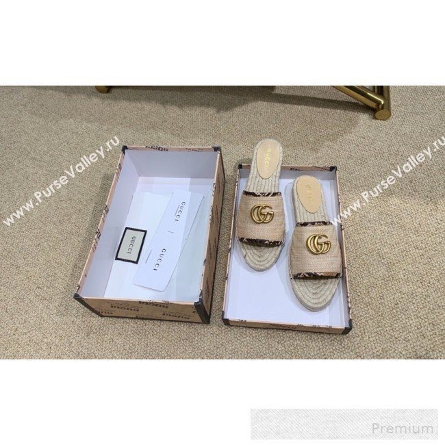Gucci Chevron Raffia Flat Espadrille Slide Sandals with Double G 578554 Natural Beige 2019 (HANB-9060108)