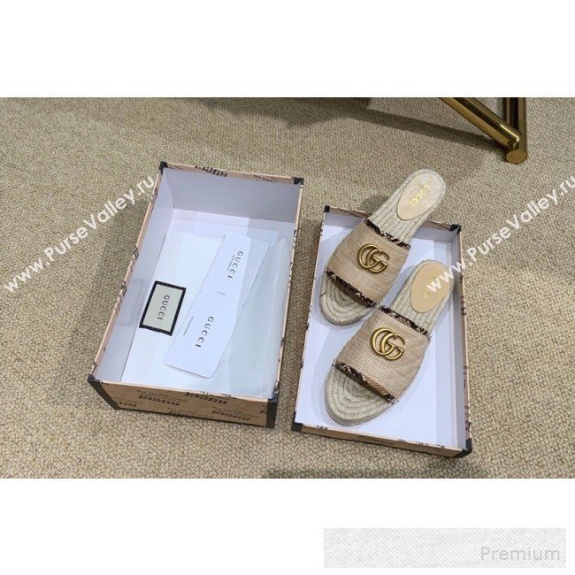 Gucci Chevron Raffia Flat Espadrille Slide Sandals with Double G 578554 Natural Beige 2019 (HANB-9060108)