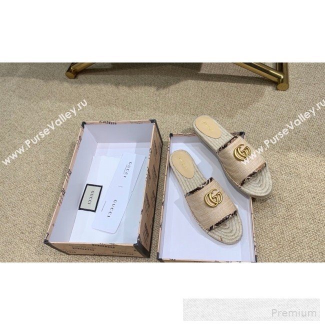Gucci Chevron Raffia Flat Espadrille Slide Sandals with Double G 578554 Natural Beige 2019 (HANB-9060108)