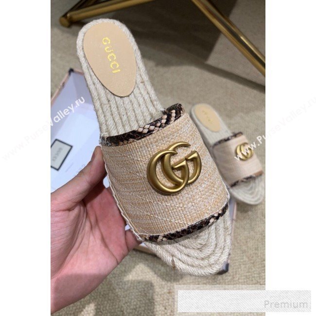 Gucci Chevron Raffia Flat Espadrille Slide Sandals with Double G 578554 Natural Beige 2019 (HANB-9060108)
