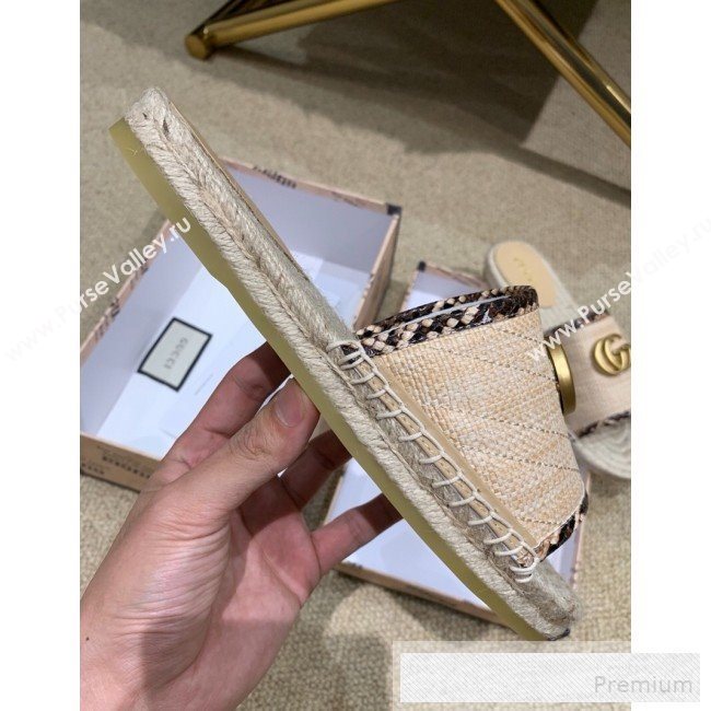 Gucci Chevron Raffia Flat Espadrille Slide Sandals with Double G 578554 Natural Beige 2019 (HANB-9060108)