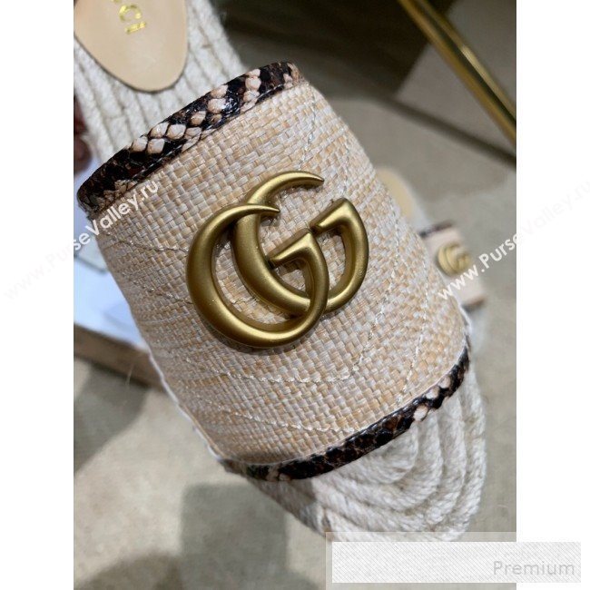 Gucci Chevron Raffia Flat Espadrille Slide Sandals with Double G 578554 Natural Beige 2019 (HANB-9060108)