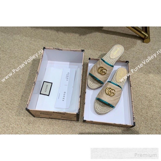 Gucci Chevron Raffia Flat Espadrille Slide Sandals with Double G 578554 Light Beige/Geen 2019 (HANB-9060107)