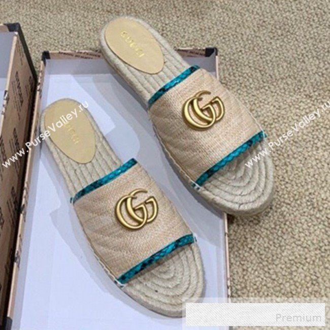 Gucci Chevron Raffia Flat Espadrille Slide Sandals with Double G 578554 Light Beige/Geen 2019 (HANB-9060107)