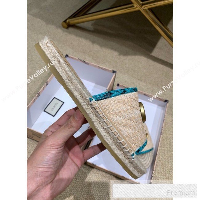 Gucci Chevron Raffia Flat Espadrille Slide Sandals with Double G 578554 Light Beige/Geen 2019 (HANB-9060107)