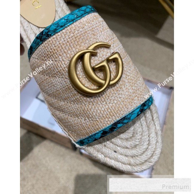 Gucci Chevron Raffia Flat Espadrille Slide Sandals with Double G 578554 Light Beige/Geen 2019 (HANB-9060107)