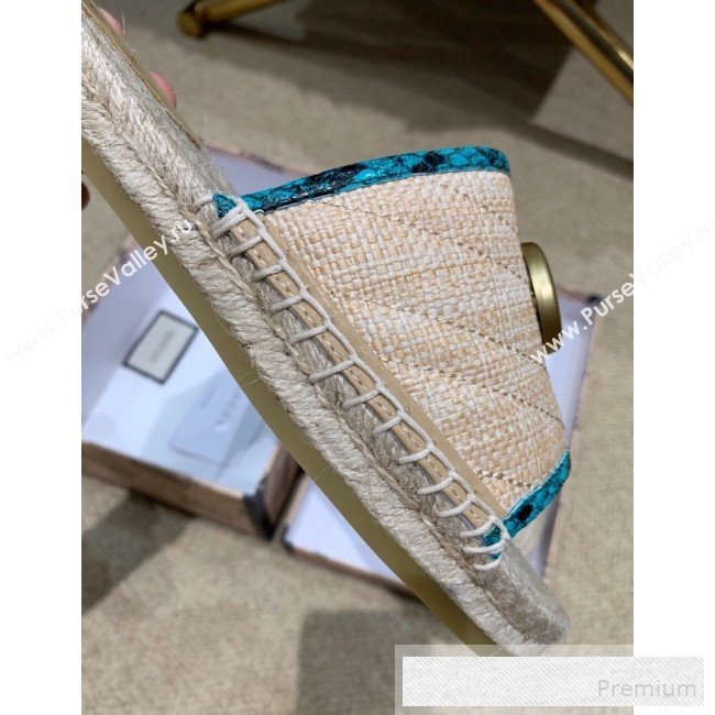 Gucci Chevron Raffia Flat Espadrille Slide Sandals with Double G 578554 Light Beige/Geen 2019 (HANB-9060107)