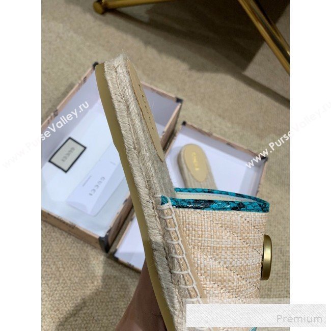 Gucci Chevron Raffia Flat Espadrille Slide Sandals with Double G 578554 Light Beige/Geen 2019 (HANB-9060107)