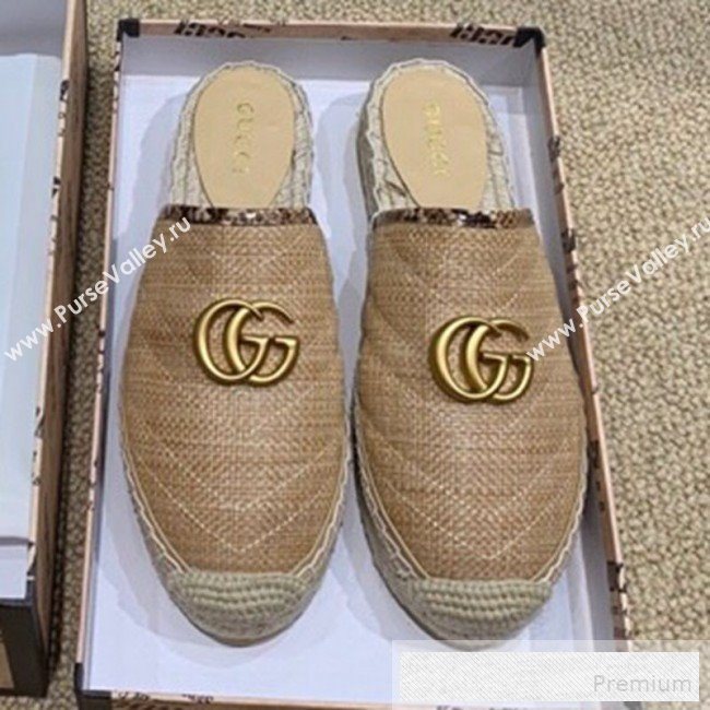 Gucci Chevron Raffia Flat Espadrille Mules with Double G 578554 Dark Beige 2019 (HANB-9060110)