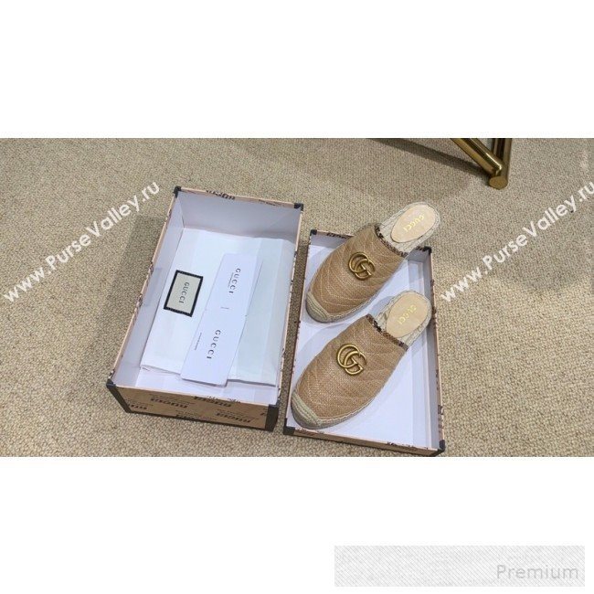 Gucci Chevron Raffia Flat Espadrille Mules with Double G 578554 Dark Beige 2019 (HANB-9060110)