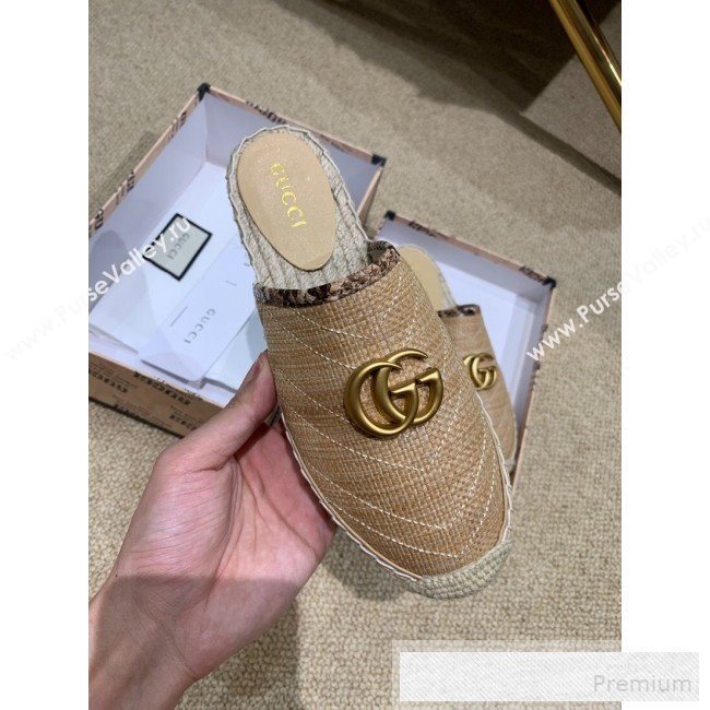 Gucci Chevron Raffia Flat Espadrille Mules with Double G 578554 Dark Beige 2019 (HANB-9060110)