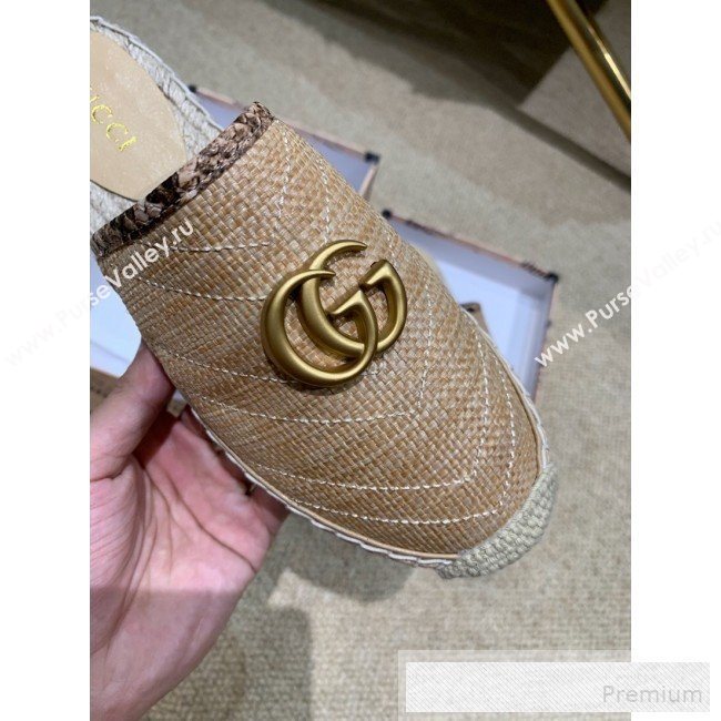 Gucci Chevron Raffia Flat Espadrille Mules with Double G 578554 Dark Beige 2019 (HANB-9060110)