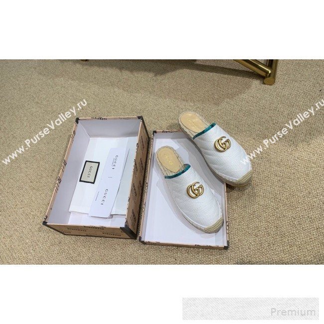 Gucci Chevron Raffia Flat Espadrille Mules with Double G 578554 White 2019 (HANB-9060109)