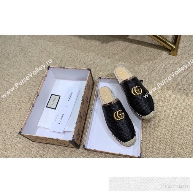 Gucci Chevron Raffia Flat Espadrille Mules with Double G 578554 Black 2019 (HANB-9060114)