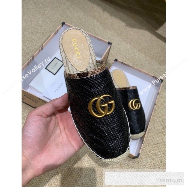 Gucci Chevron Raffia Flat Espadrille Mules with Double G 578554 Black 2019 (HANB-9060114)