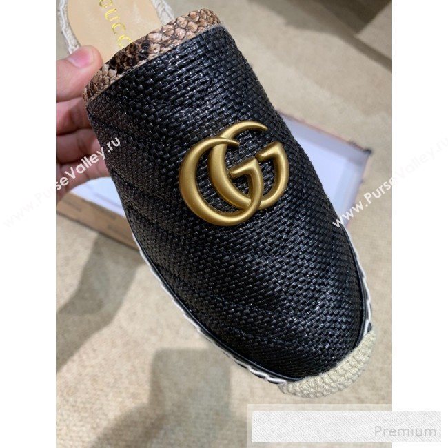 Gucci Chevron Raffia Flat Espadrille Mules with Double G 578554 Black 2019 (HANB-9060114)