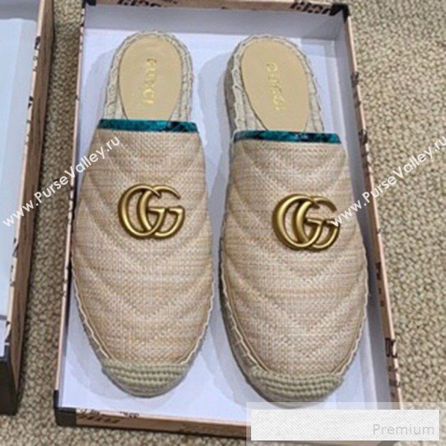 Gucci Chevron Raffia Flat Espadrille Mules with Double G 578554 Light Beige/Green 2019 (HANB-9060112)