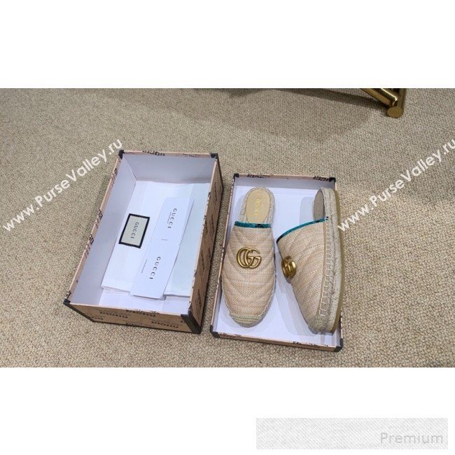 Gucci Chevron Raffia Flat Espadrille Mules with Double G 578554 Light Beige/Green 2019 (HANB-9060112)