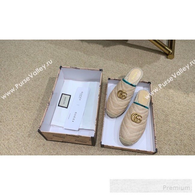 Gucci Chevron Raffia Flat Espadrille Mules with Double G 578554 Light Beige/Green 2019 (HANB-9060112)