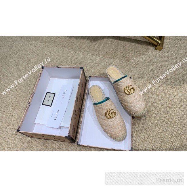 Gucci Chevron Raffia Flat Espadrille Mules with Double G 578554 Light Beige/Green 2019 (HANB-9060112)