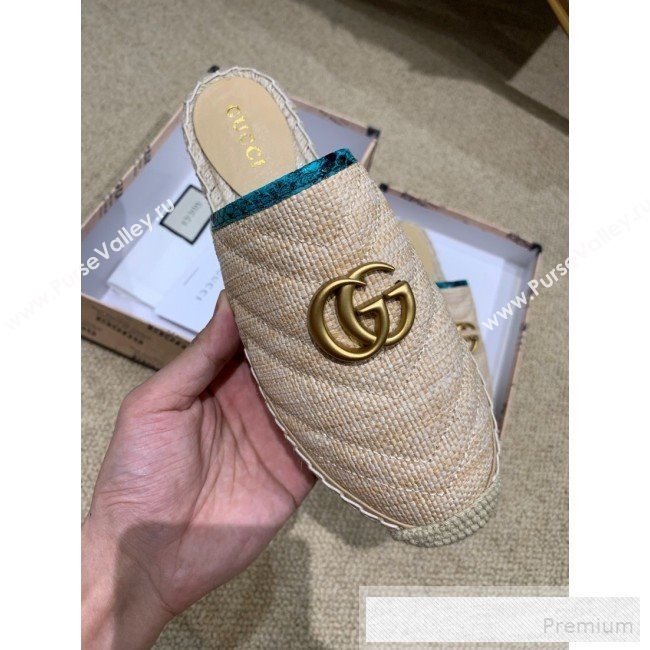 Gucci Chevron Raffia Flat Espadrille Mules with Double G 578554 Light Beige/Green 2019 (HANB-9060112)