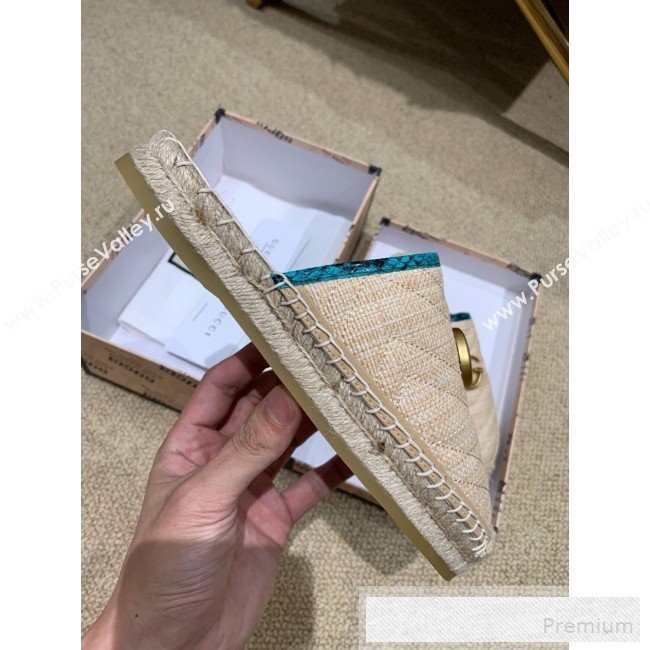 Gucci Chevron Raffia Flat Espadrille Mules with Double G 578554 Light Beige/Green 2019 (HANB-9060112)