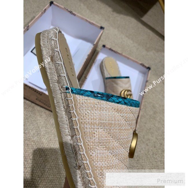 Gucci Chevron Raffia Flat Espadrille Mules with Double G 578554 Light Beige/Green 2019 (HANB-9060112)