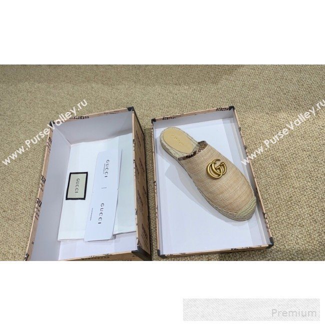 Gucci Chevron Raffia Flat Espadrille Mules with Double G 578554 Natural Beige 2019 (HANB-9060113)