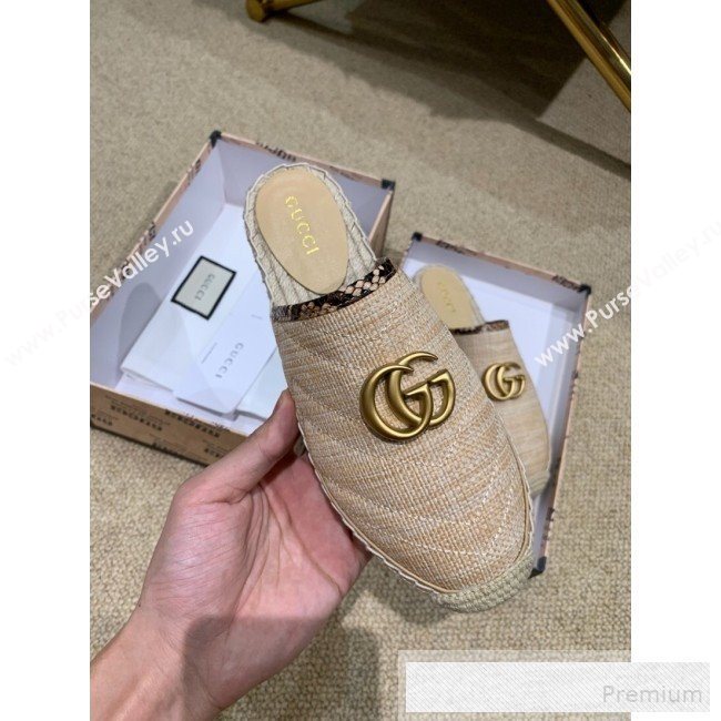 Gucci Chevron Raffia Flat Espadrille Mules with Double G 578554 Natural Beige 2019 (HANB-9060113)