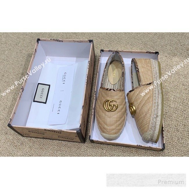 Gucci Chevron Raffia Flat Espadrilles with Double G 578547 Dark Beige 2019 (HANB-9060116)