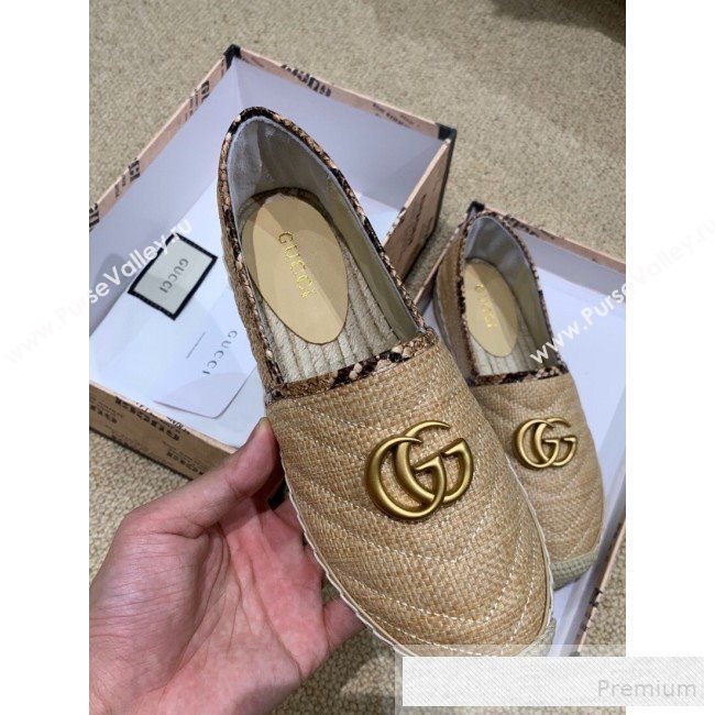 Gucci Chevron Raffia Flat Espadrilles with Double G 578547 Dark Beige 2019 (HANB-9060116)