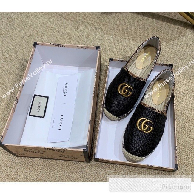 Gucci Chevron Raffia Flat Espadrilles with Double G 578547 Black 2019 (HANB-9060118)