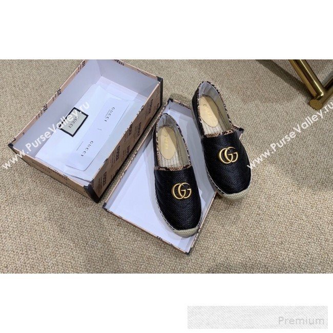 Gucci Chevron Raffia Flat Espadrilles with Double G 578547 Black 2019 (HANB-9060118)