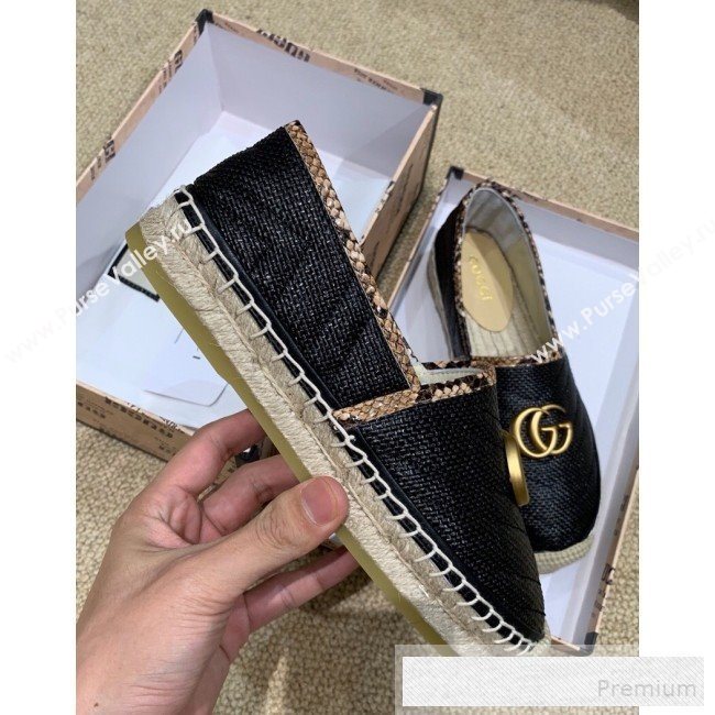 Gucci Chevron Raffia Flat Espadrilles with Double G 578547 Black 2019 (HANB-9060118)