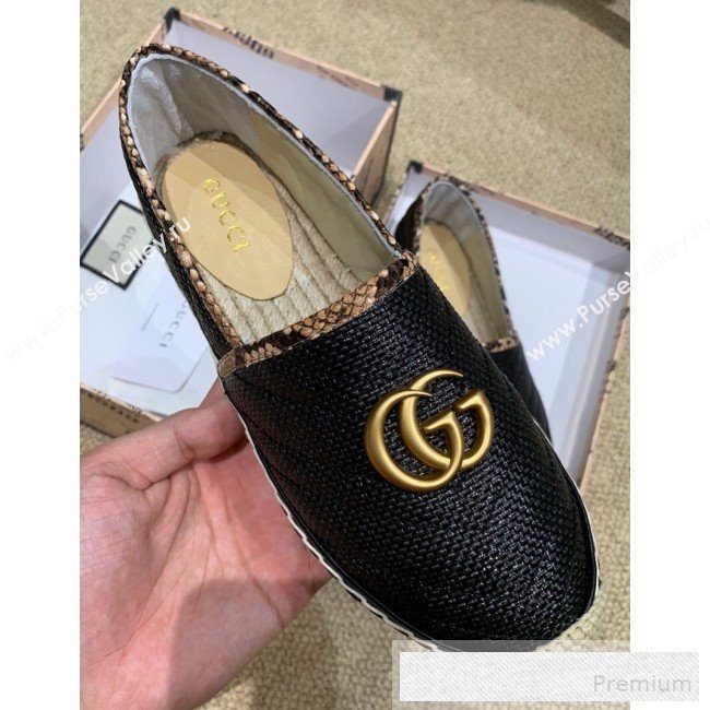 Gucci Chevron Raffia Flat Espadrilles with Double G 578547 Black 2019 (HANB-9060118)