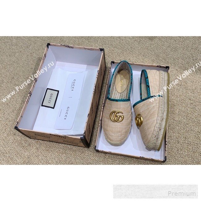 Gucci Chevron Raffia Flat Espadrilles with Double G 578547 Light Beige/Green 2019 (HANB-9060119)