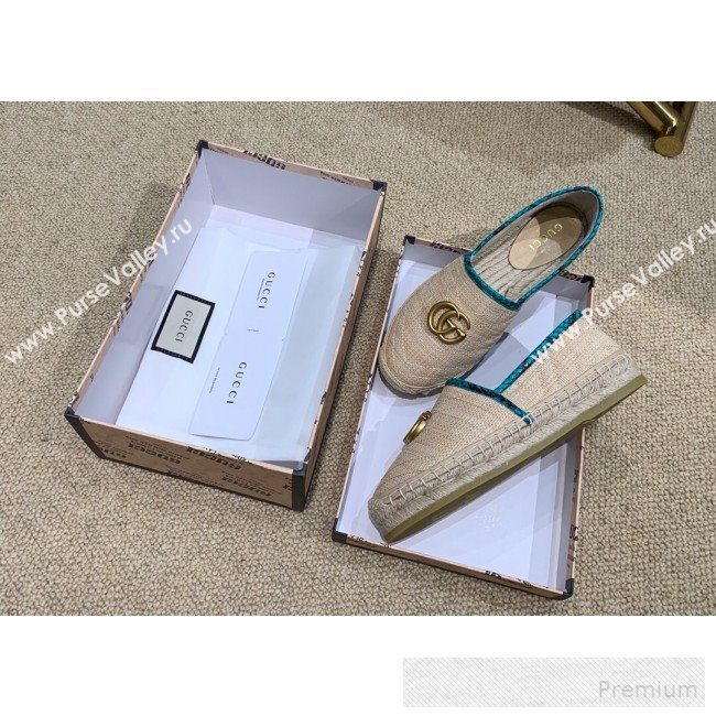 Gucci Chevron Raffia Flat Espadrilles with Double G 578547 Light Beige/Green 2019 (HANB-9060119)