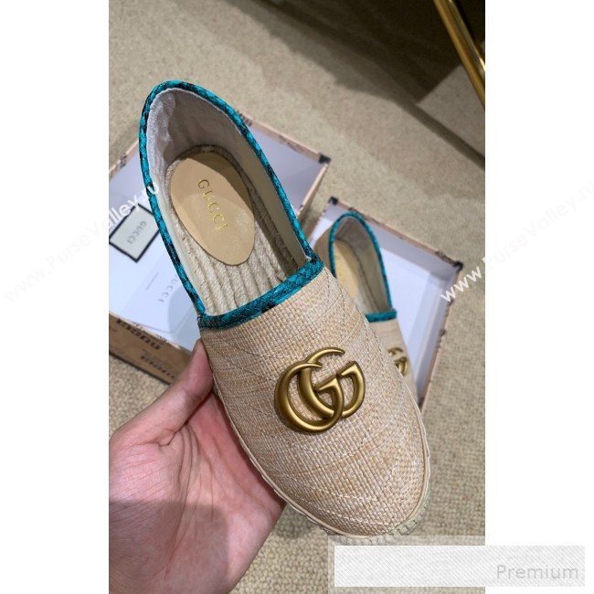 Gucci Chevron Raffia Flat Espadrilles with Double G 578547 Light Beige/Green 2019 (HANB-9060119)