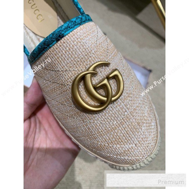 Gucci Chevron Raffia Flat Espadrilles with Double G 578547 Light Beige/Green 2019 (HANB-9060119)