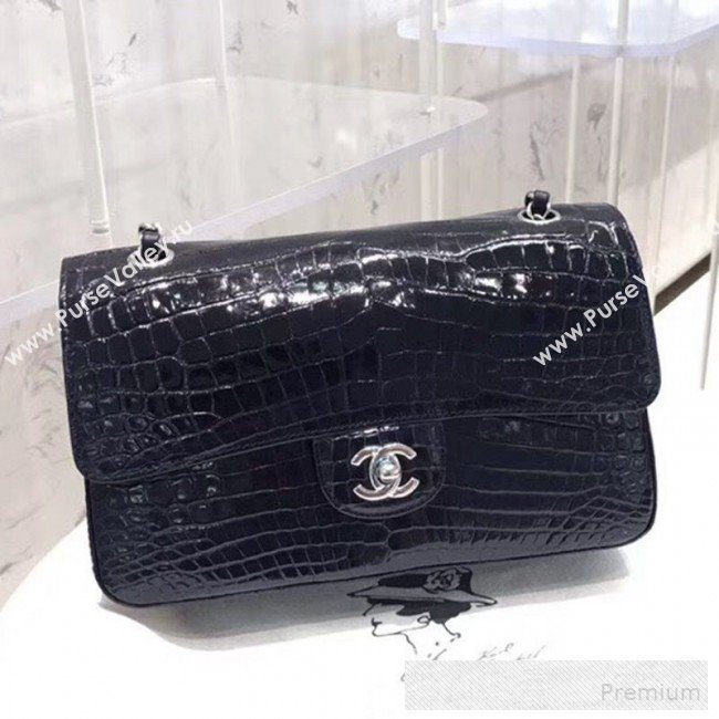 Chanel Alligator Skin Medium Classic Flap Bag Dark Blue/Silver (XIYOU-9060345)