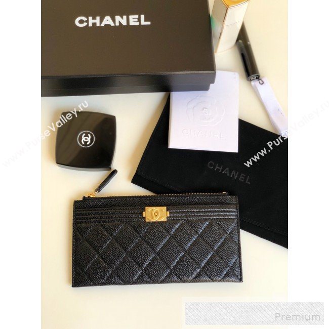 Chanel Large Quilted Grained Leather Zip Boy Card Holder Black/Gold (YUND-9060633)