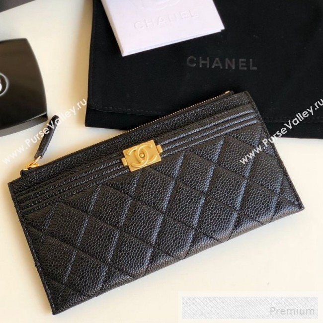 Chanel Large Quilted Grained Leather Zip Boy Card Holder Black/Gold (YUND-9060633)