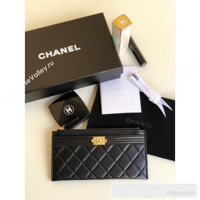 Chanel Large Quilted Smooth Lambskin Zip Boy Card Holder Black/Gold (YUND-9060632)