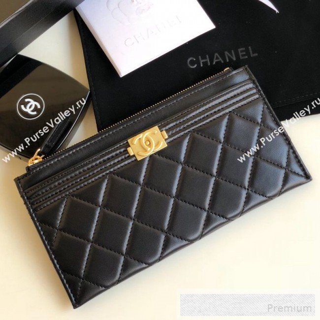 Chanel Large Quilted Smooth Lambskin Zip Boy Card Holder Black/Gold (YUND-9060632)