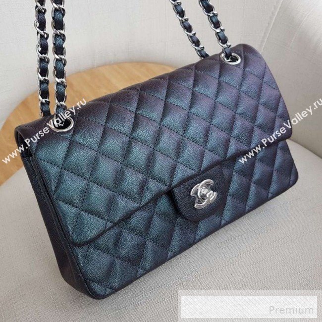 Chanel Medium Iridescent Quilted Grained Leather Classic Flap Bag Black/Silver 2019 (FM-9060655)