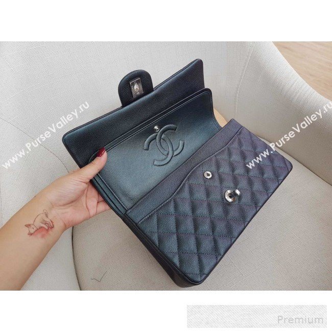 Chanel Medium Iridescent Quilted Grained Leather Classic Flap Bag Black/Silver 2019 (FM-9060655)