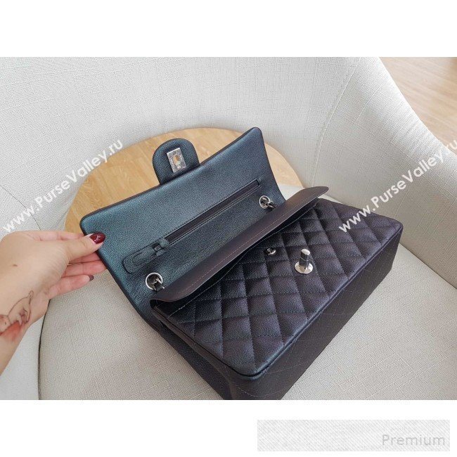 Chanel Medium Iridescent Quilted Grained Leather Classic Flap Bag Black/Silver 2019 (FM-9060655)