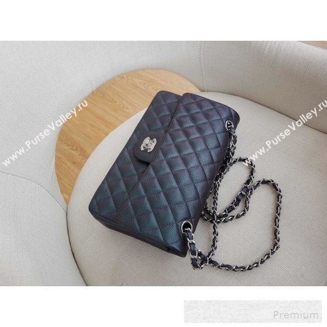 Chanel Medium Iridescent Quilted Grained Leather Classic Flap Bag Black/Silver 2019 (FM-9060655)